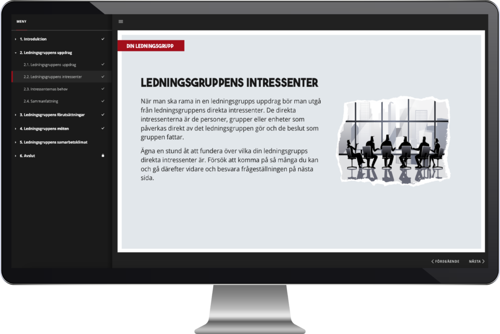 Bildskärm som visar en av sidorna i utbildningen En liten utbildning om ledningsgrupper.